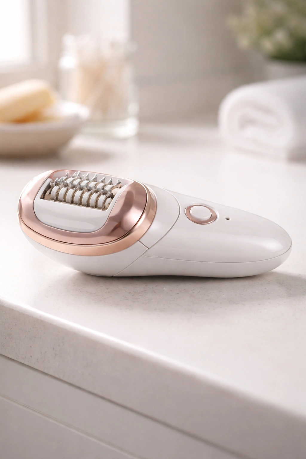 Close-up of an at-home epilator on a clean bathroom counter for hair removal