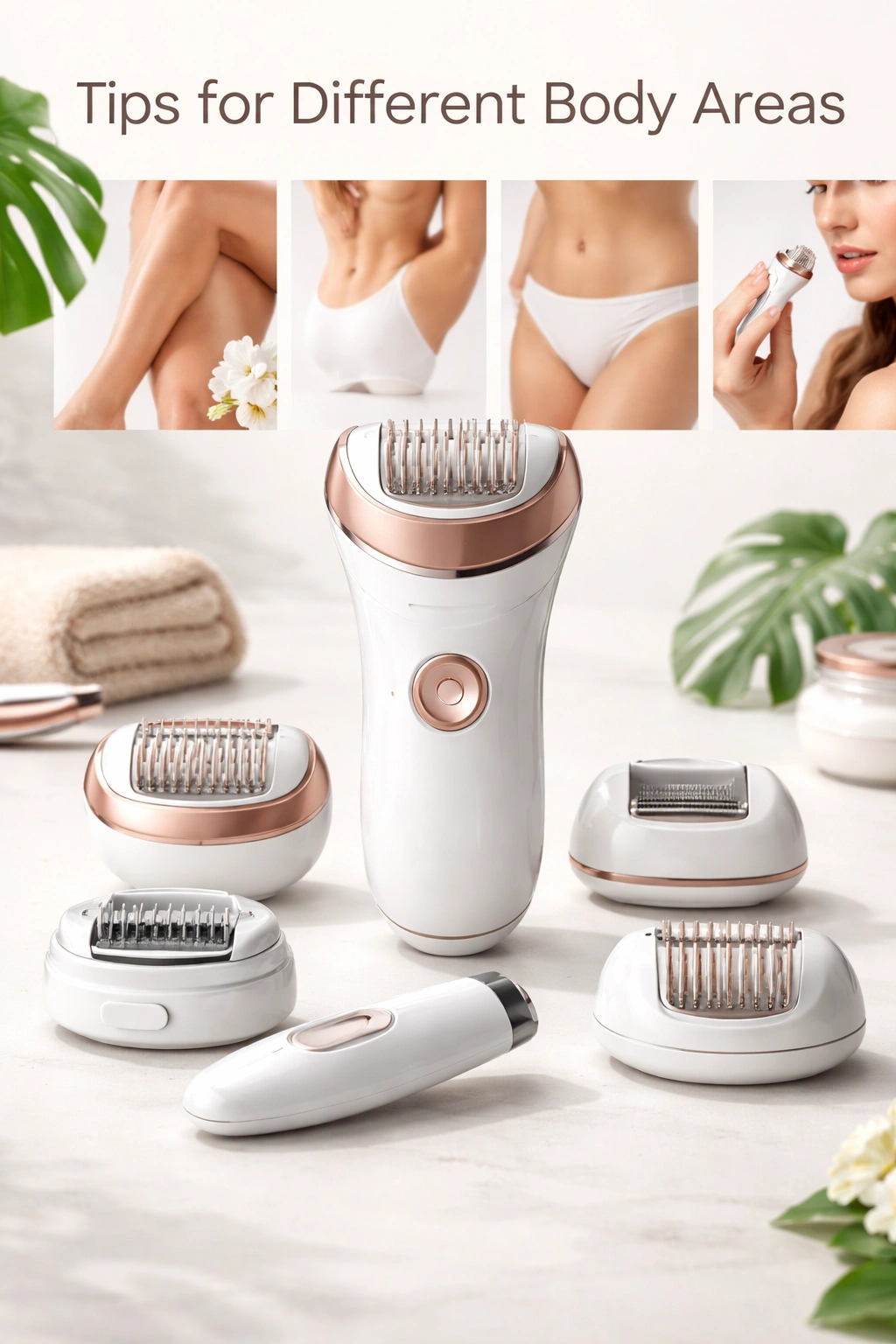Epilator with heads on a clean surface for body-area tips