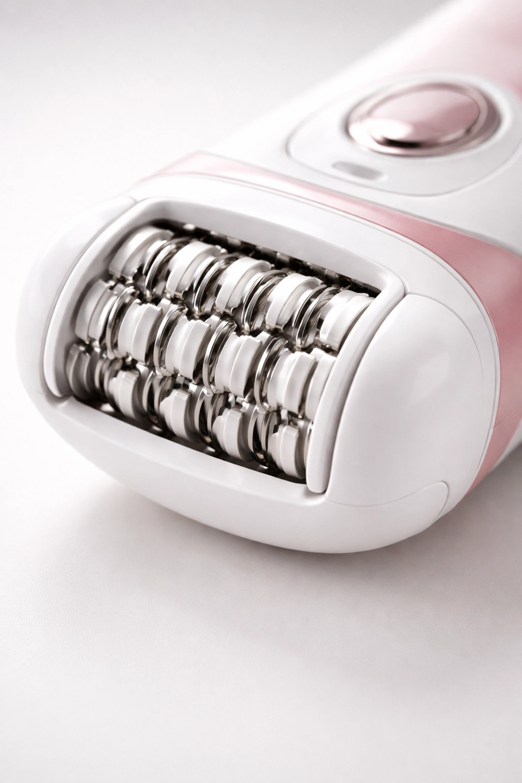 Close-up of an epilator head with rotating discs on a neutral background