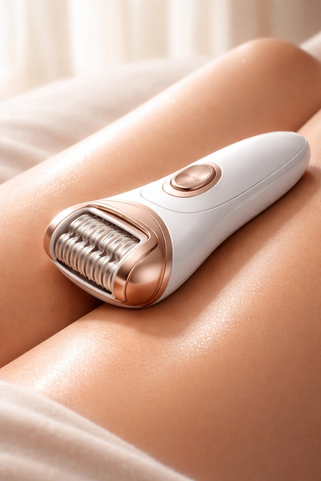 Epilator resting on smooth skin-like surface, implying smoothness
