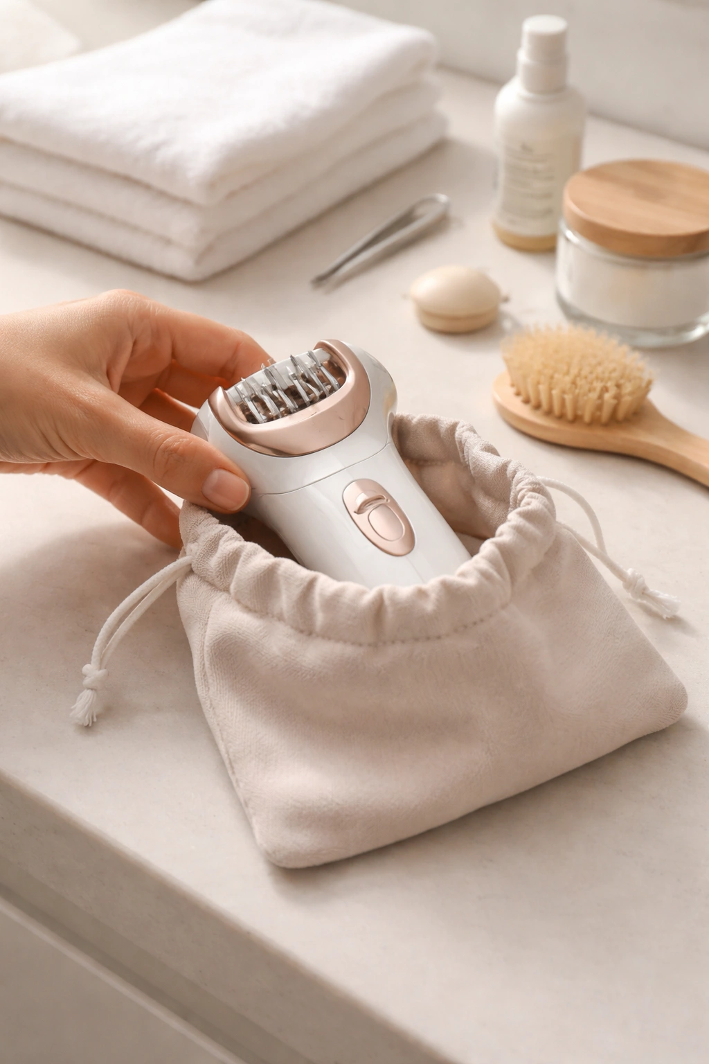 Hand placing epilator into storage, signifying wrapping up epilation routine