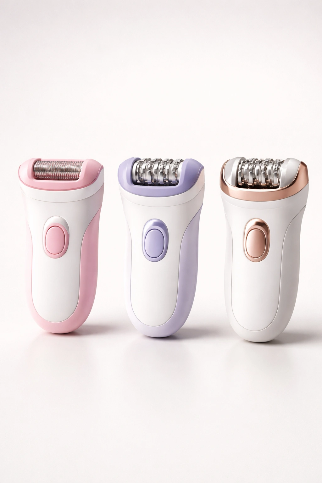 Three epilators with different head designs on a plain background