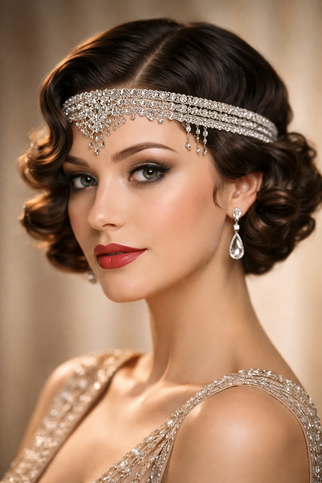 Portrait of a head with a rhinestone headband and soft waves