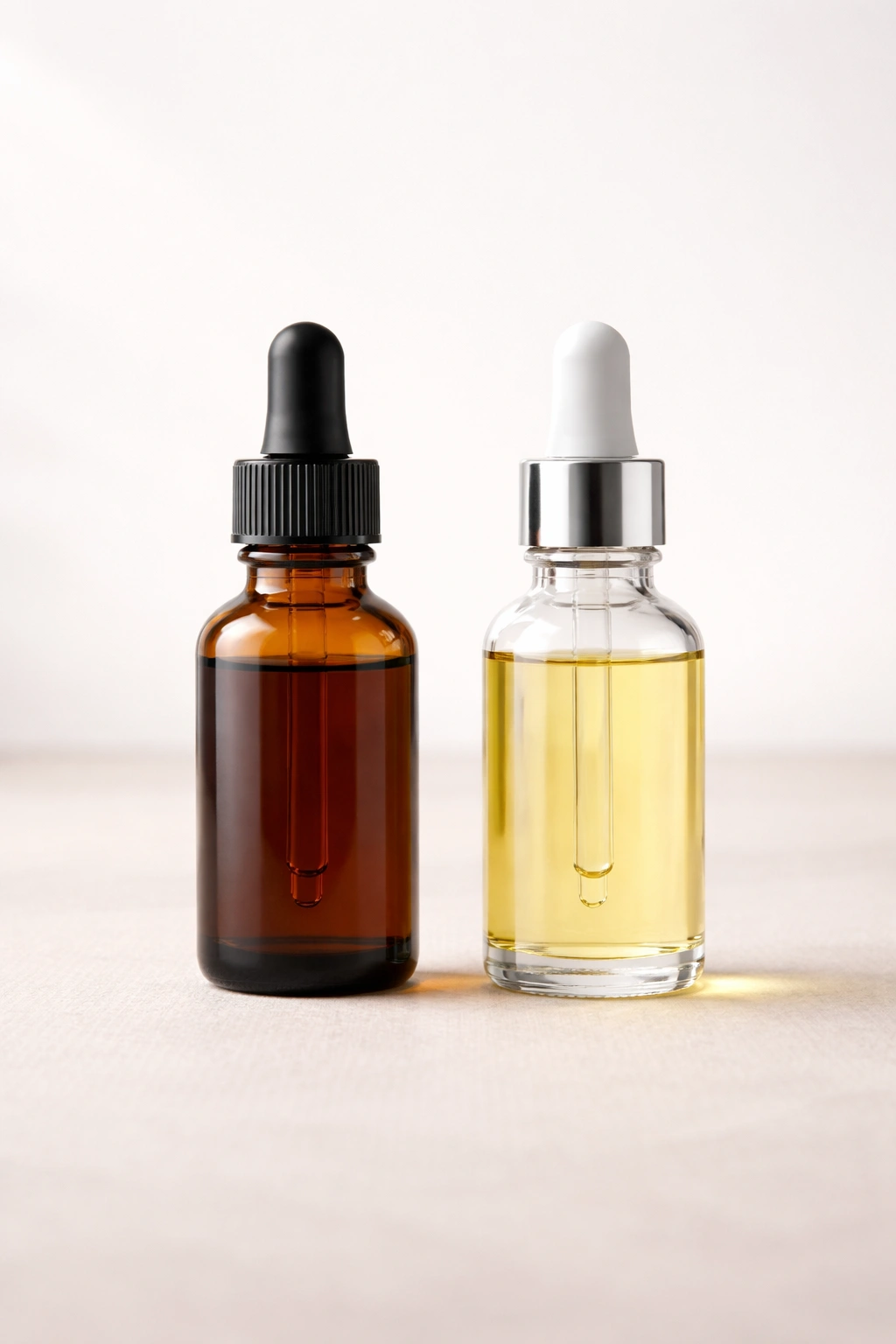 Two oil bottles representing essential oil and carrier oil for hair care on white background