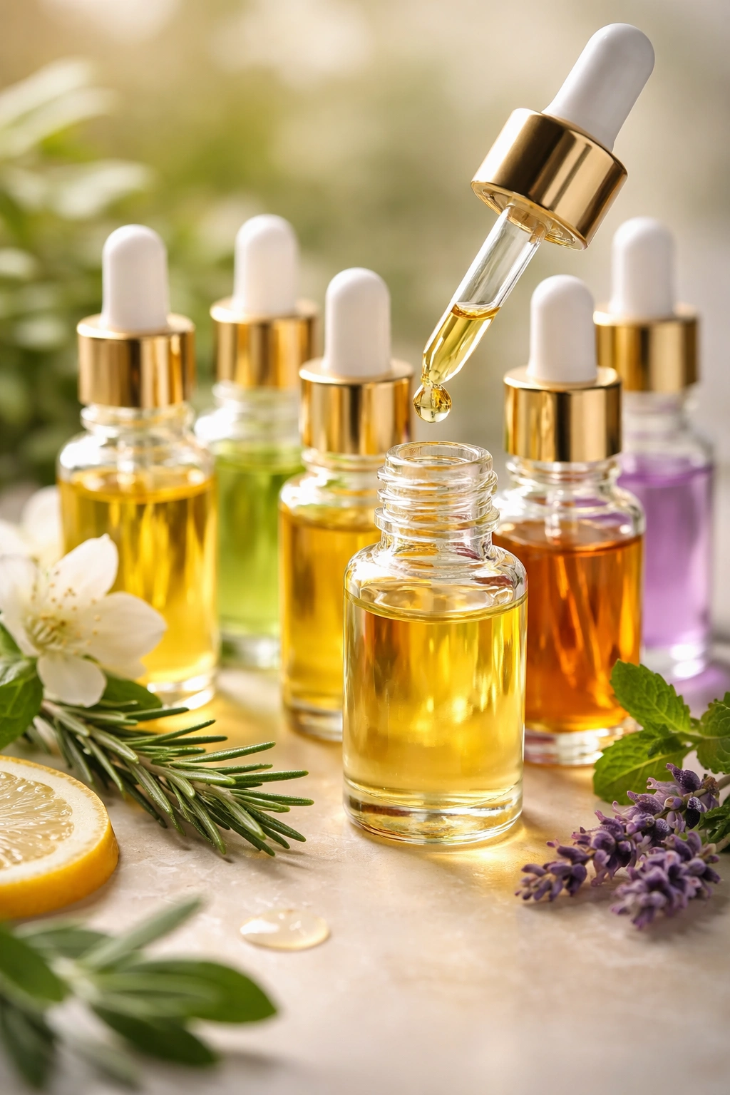 Close-up of glass dropper bottles with colored essential oils on a neutral background.