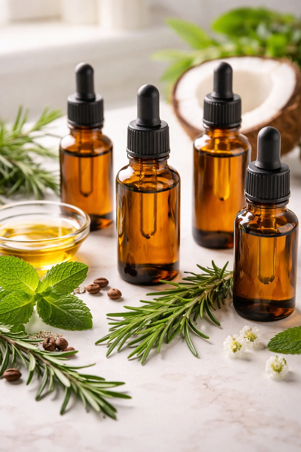 Amber essential oil bottles with droppers for hair growth on clean surface