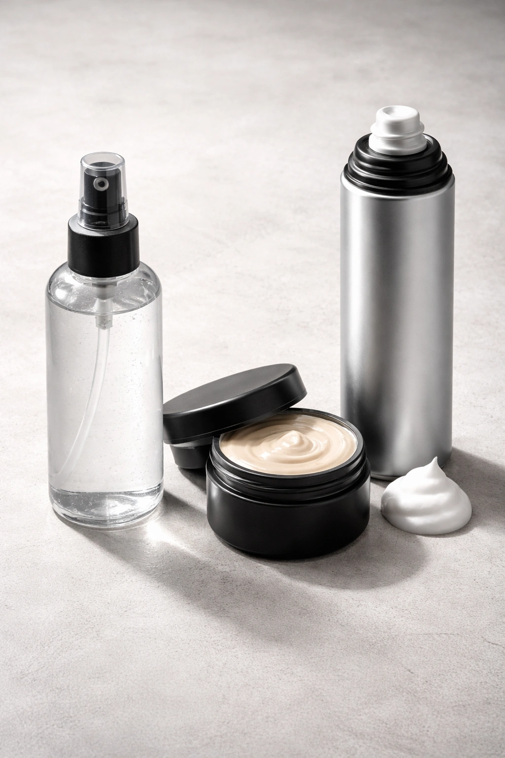 Unbranded styling product containers arranged on a neutral surface