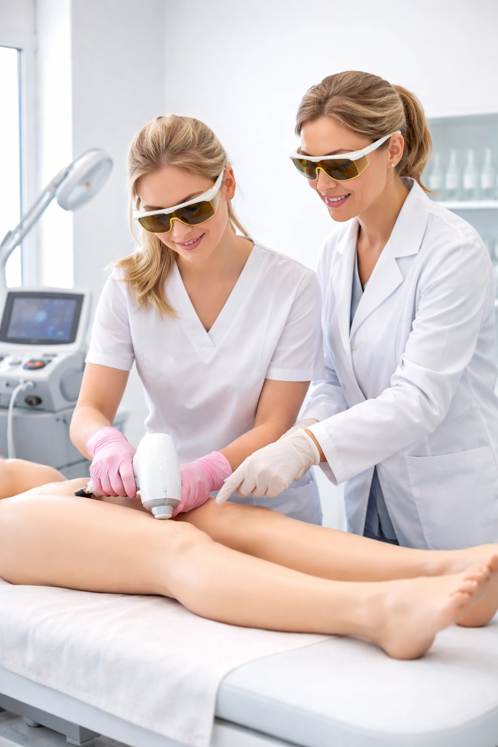 Esthetician receiving hands-on laser training under supervision in a clinical setting