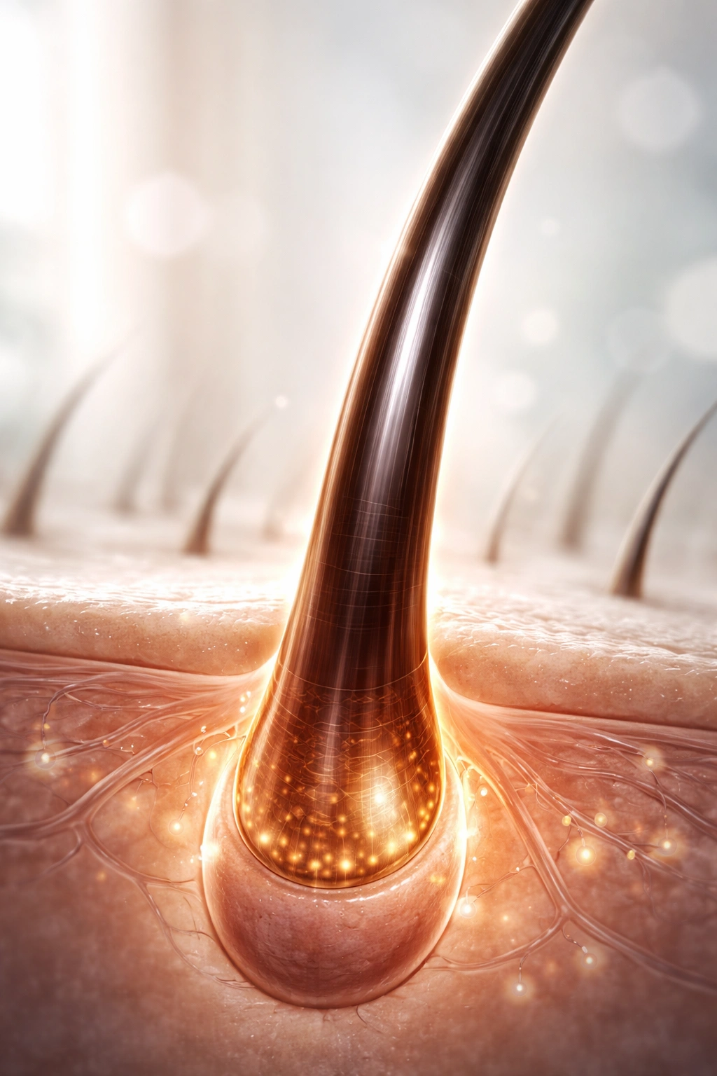 Close-up of a healthy hair follicle with a thick growing strand indicating estradiol benefits