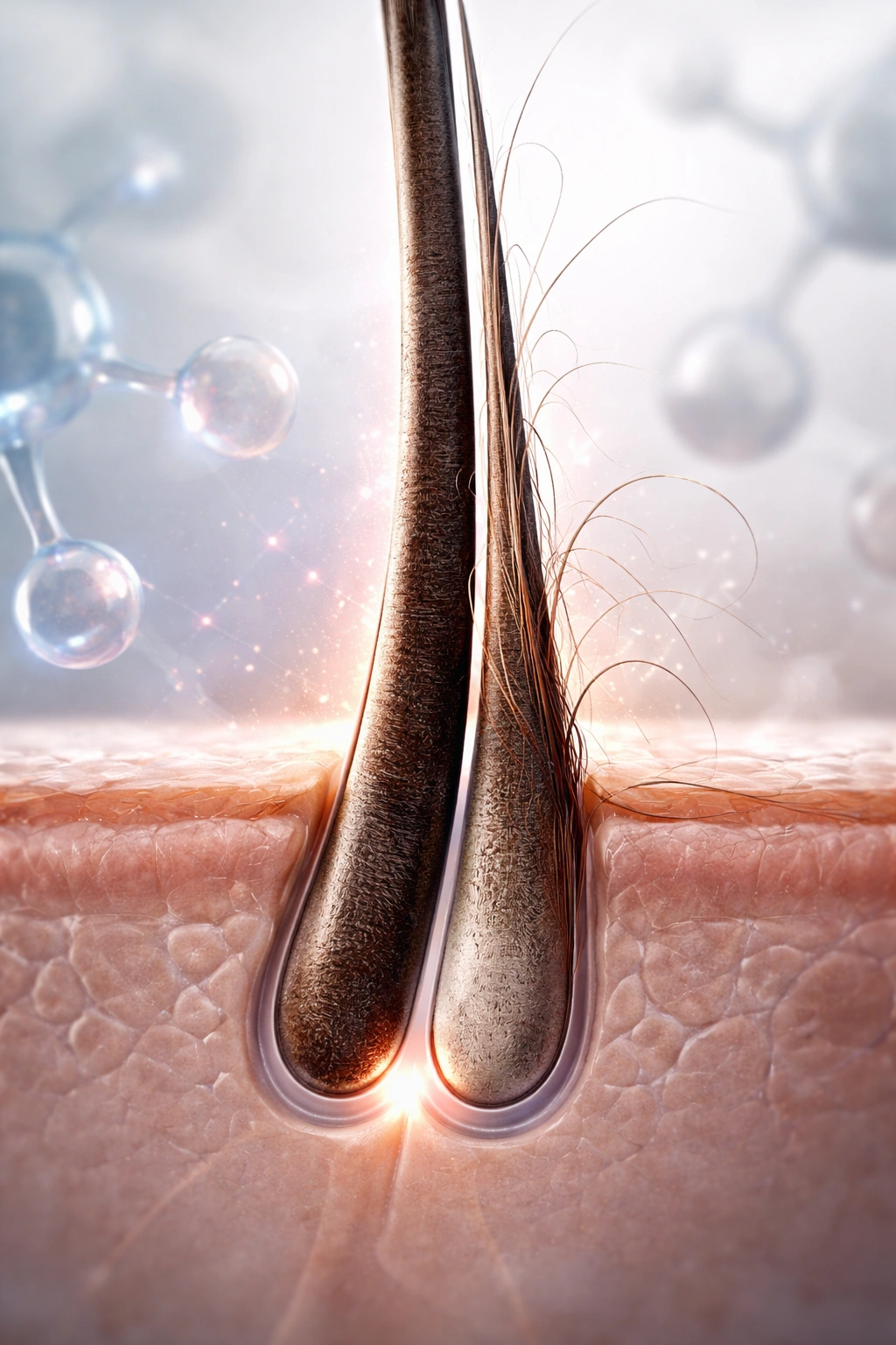Hair follicle showing contrasting growth and shedding to illustrate estradiol's complex effects
