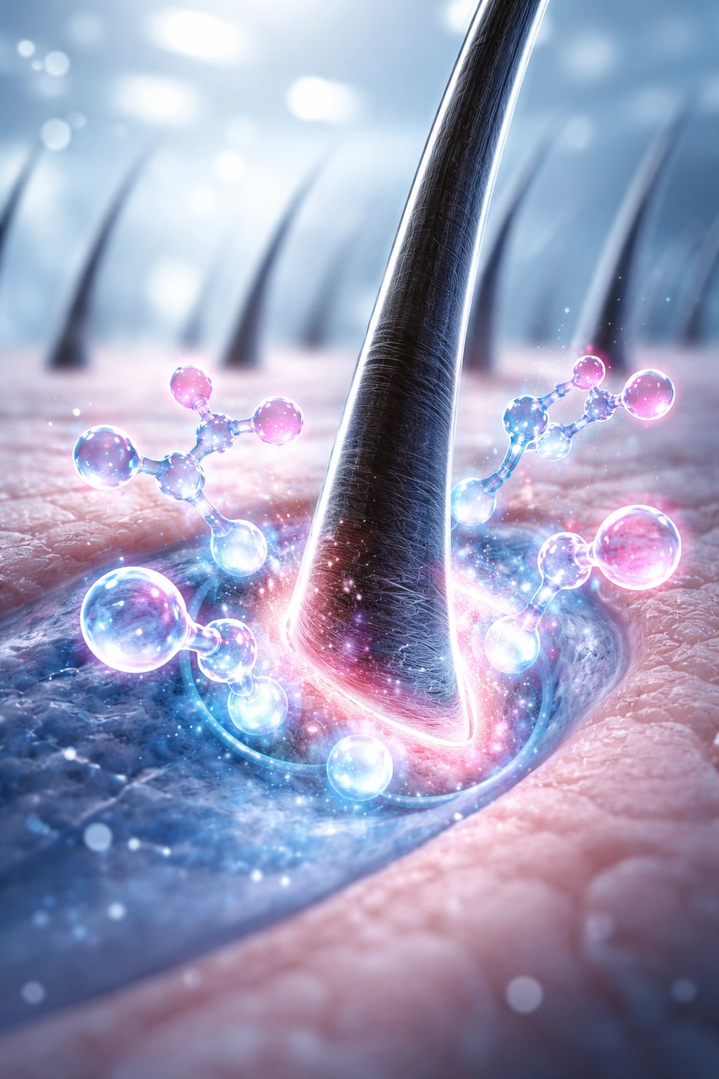 Close-up of a hair follicle with estrogen molecules binding to receptors to illustrate estradiol's role in hair growth