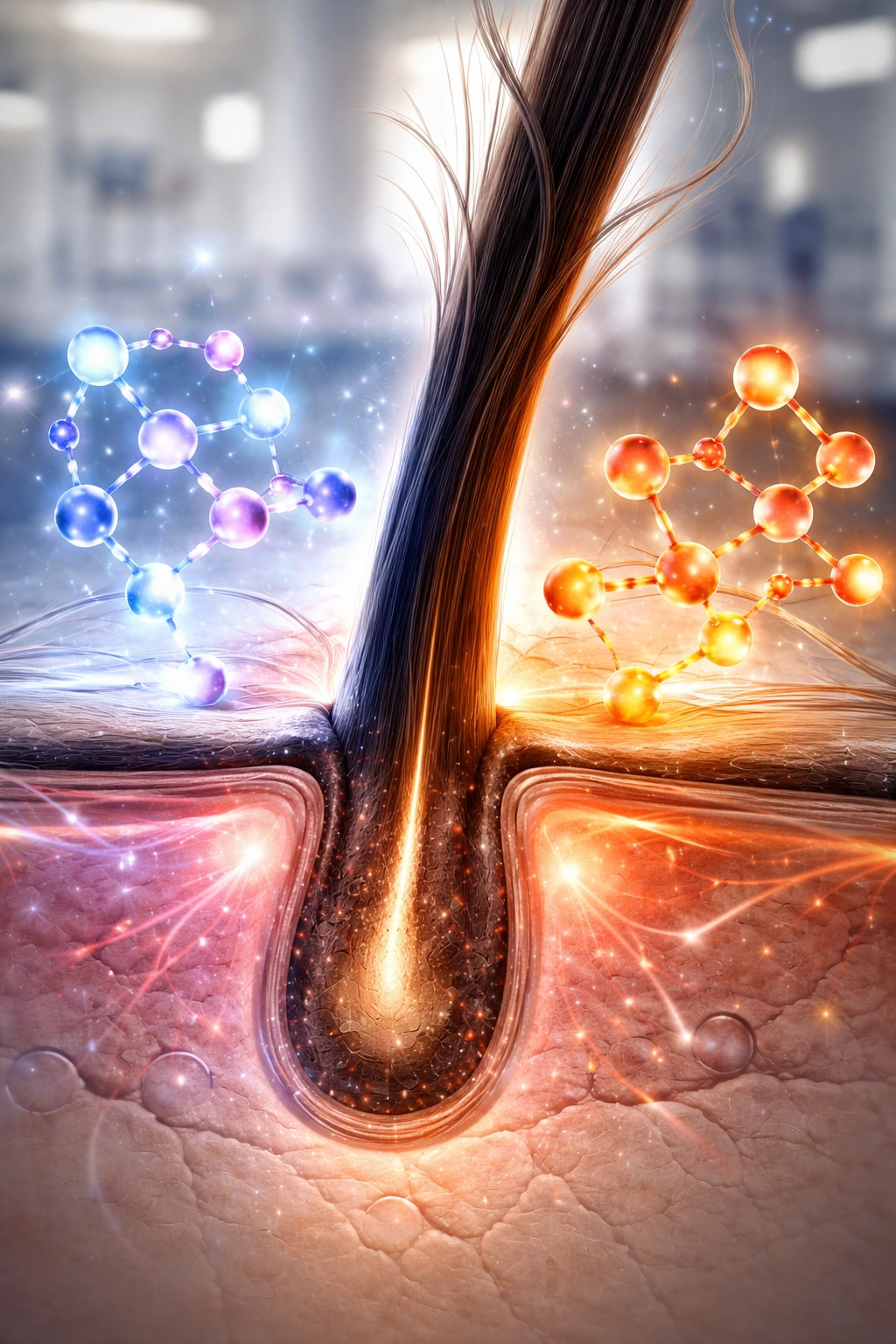 Molecular interaction around a hair follicle showing estrogen and DHT concepts