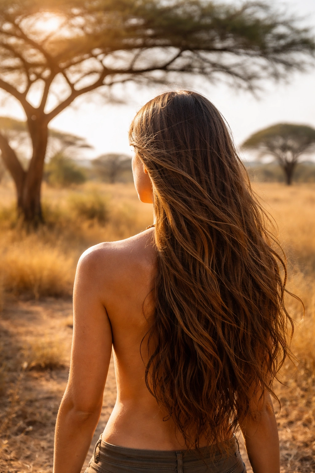 Person with long head hair and minimal body hair in sunny savanna.