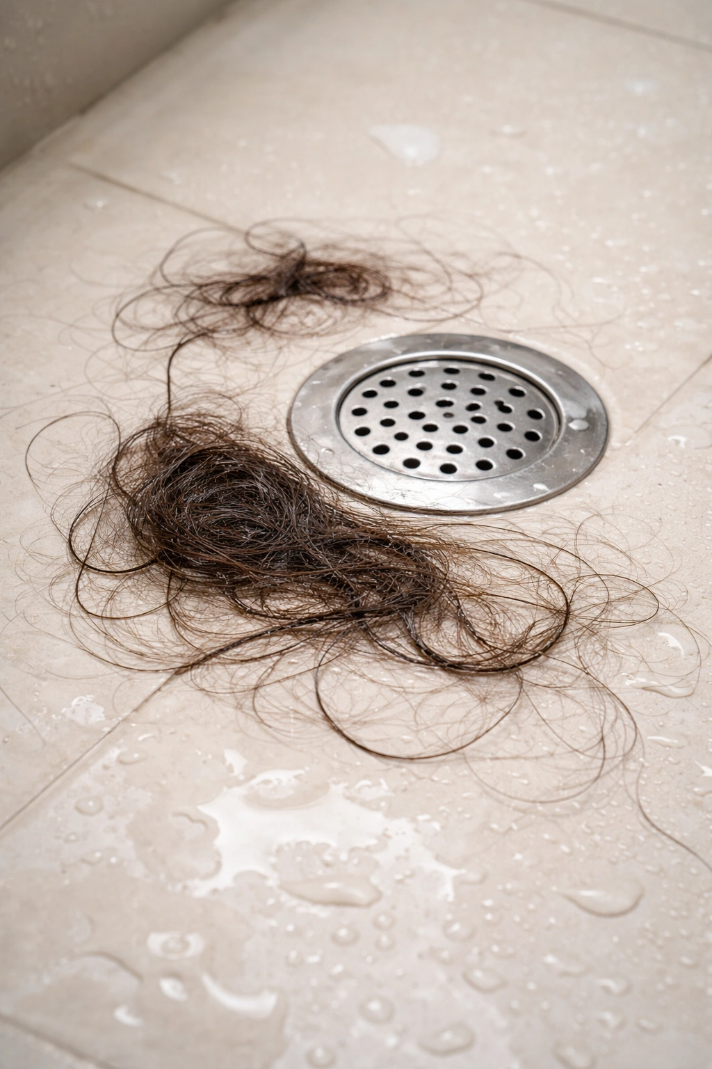 Shower drain with clumps of hair indicating excessive shedding