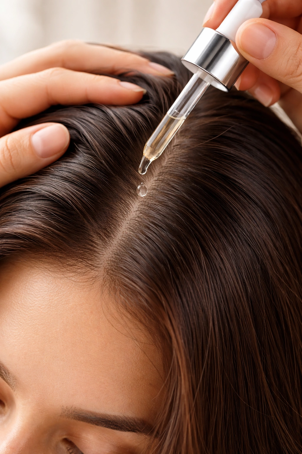 Hands applying scalp serum to a realistic scalp to address shedding