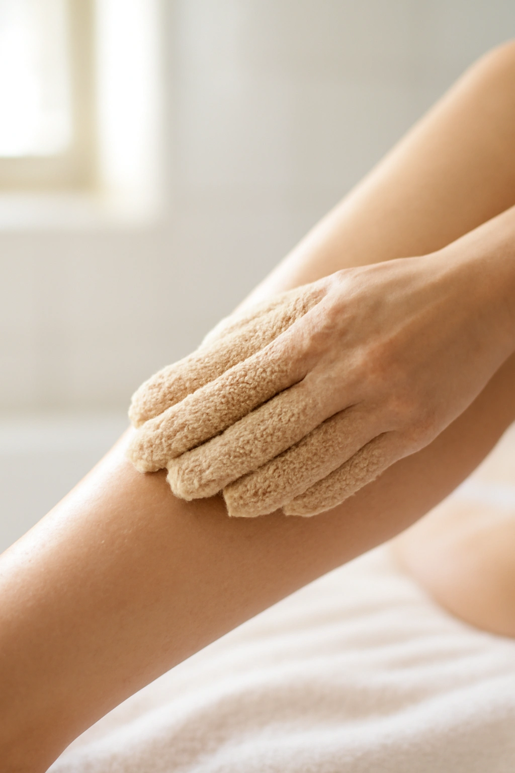 Exfoliating glove scrubbing leg in bright bathroom to prep skin for waxing