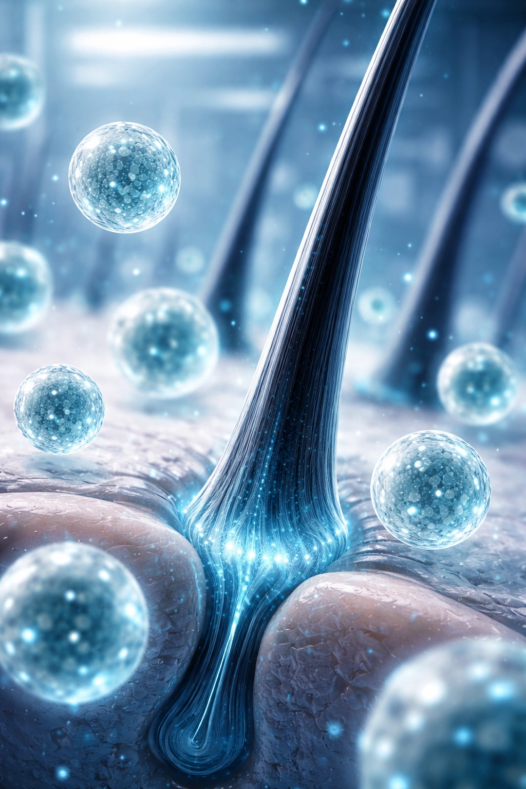 Close-up of exosome-like spheres near a hair follicle model in a lab setting
