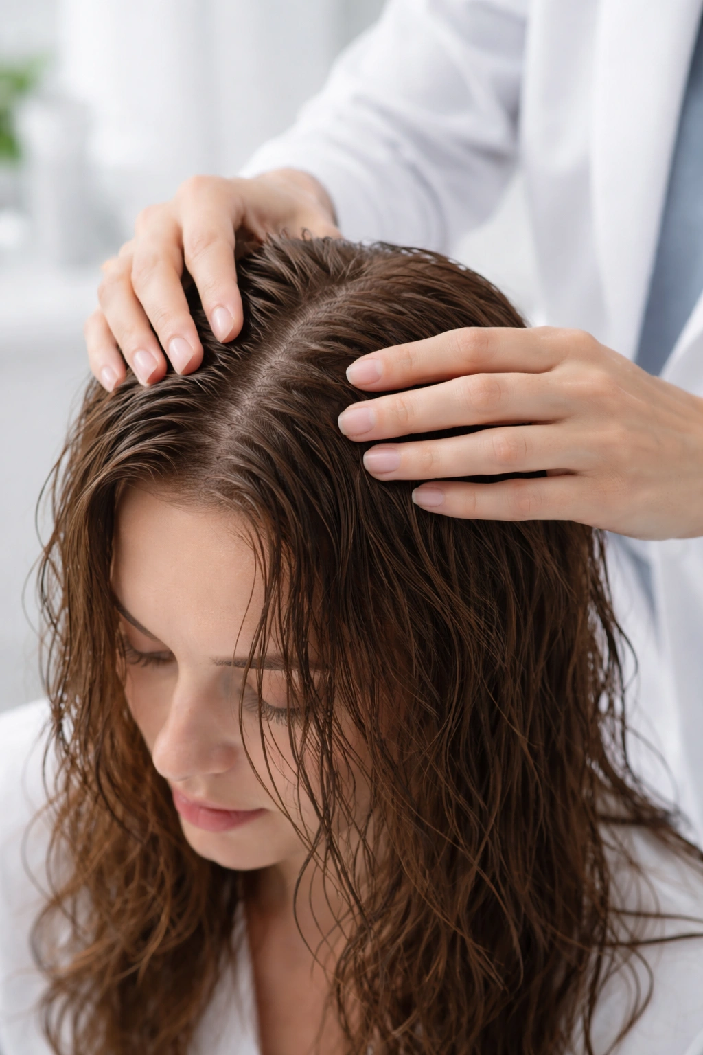 Hands parting damp hair in a clinical studio to depict expert guidance on washing frequency
