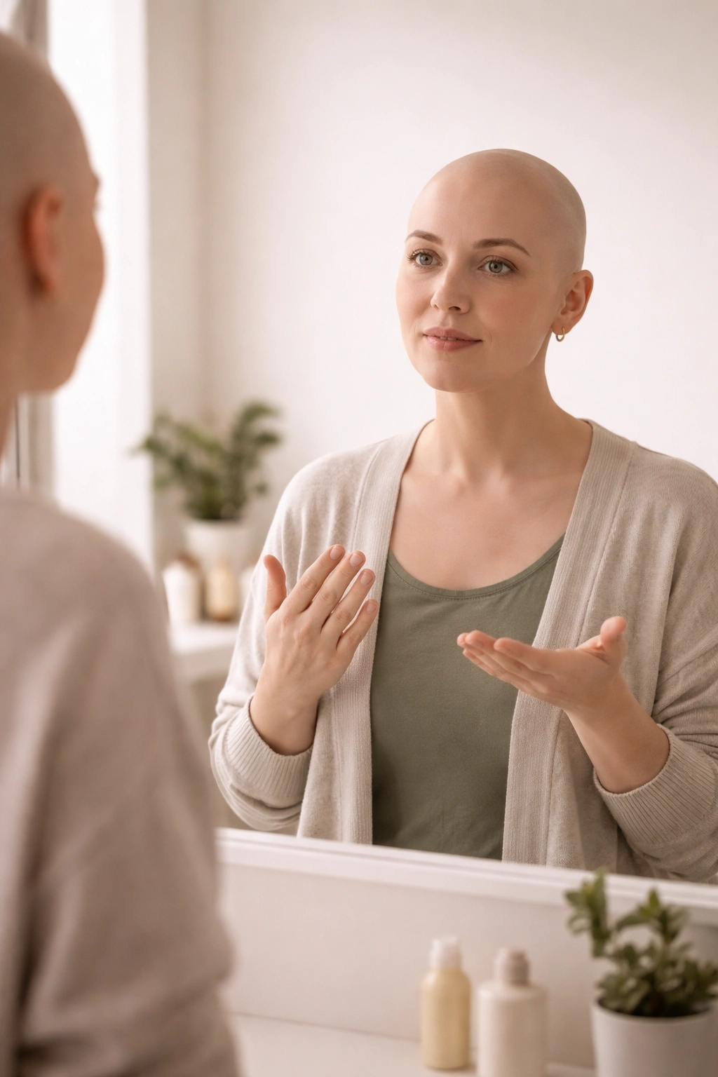 Person practicing explaining hair loss in front of a mirror