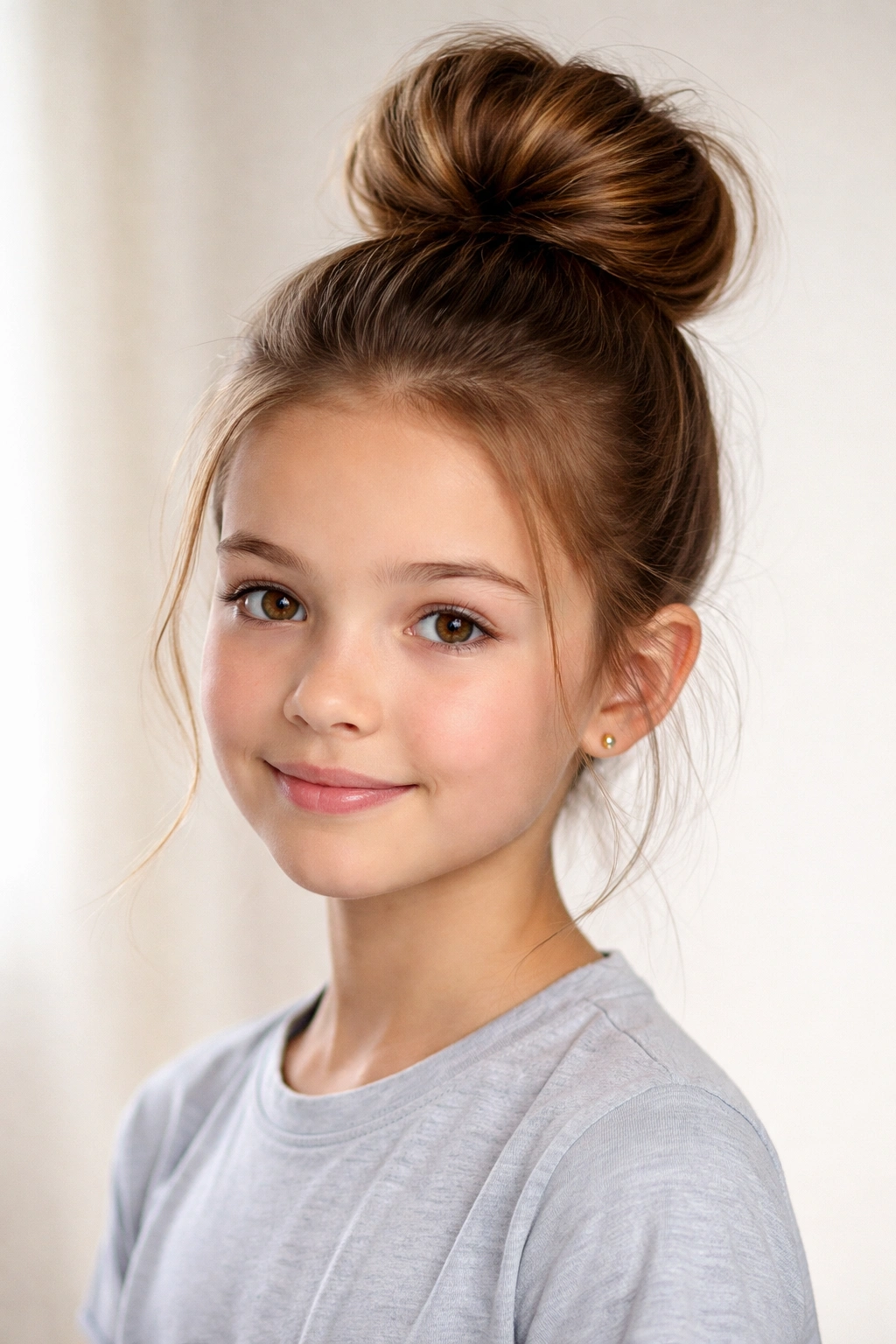 Portrait of a girl with a quick express top knot hairstyle