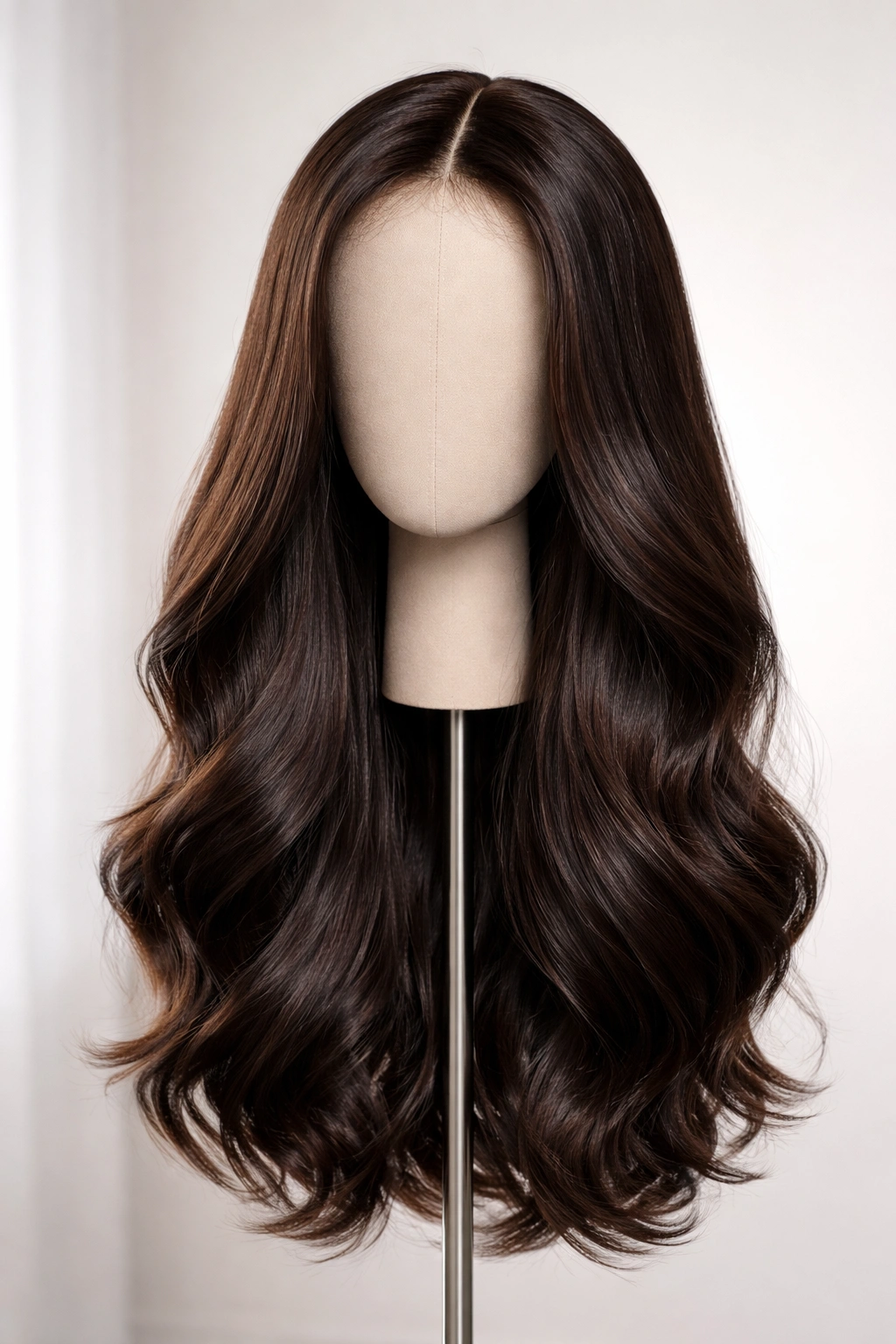 Glossy healthy-looking wig on a stand