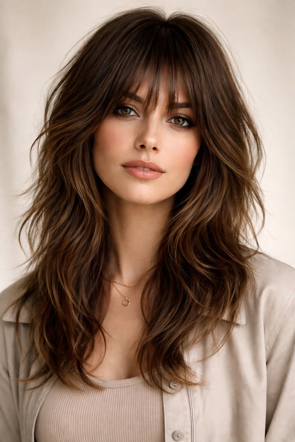 Portrait of The Shag with Extended Bangs showing integrated long bangs and textured layers.