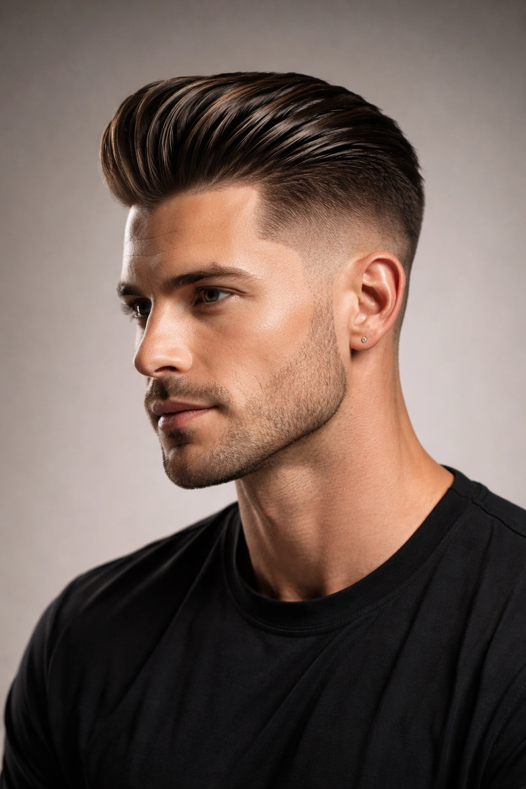 Close-up of extended pompadour with a detailed fade, studio lighting highlights height