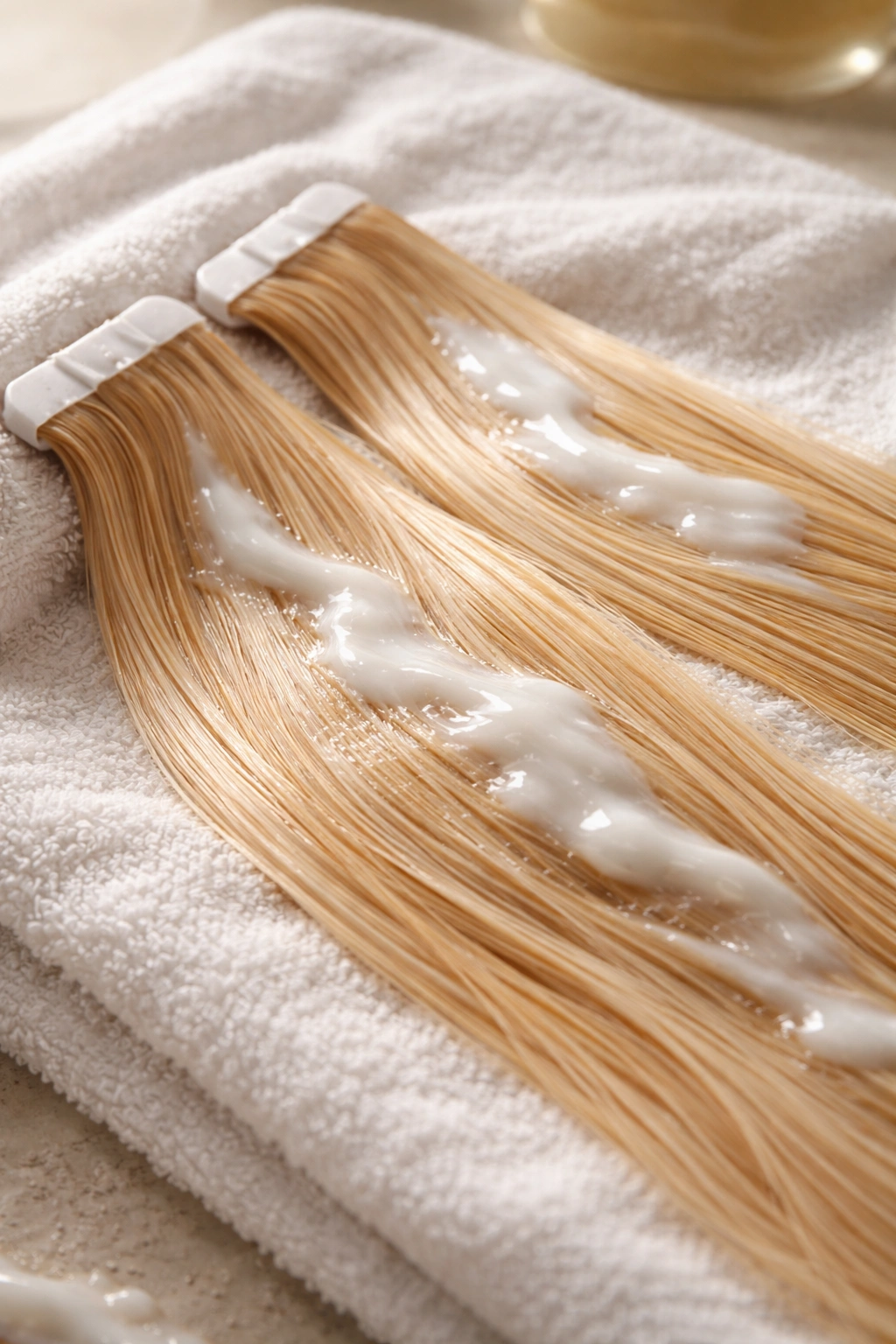 Wefted hair extension laid flat with conditioner on a towel