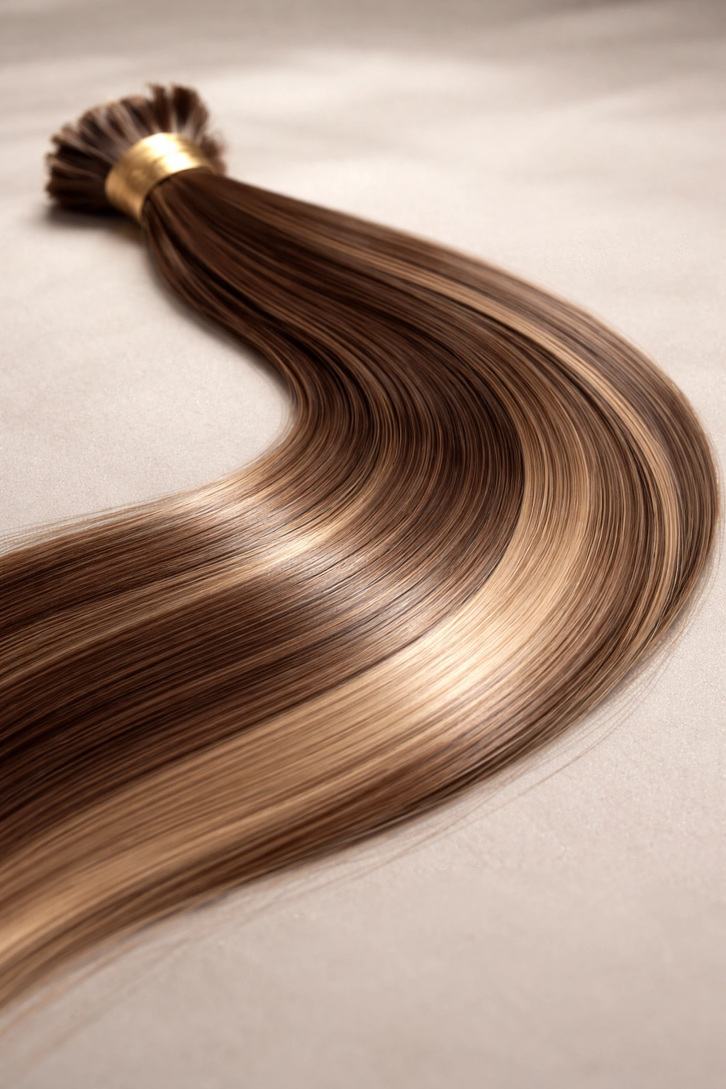 Close-up of a single glossy hair extension strand on a neutral background