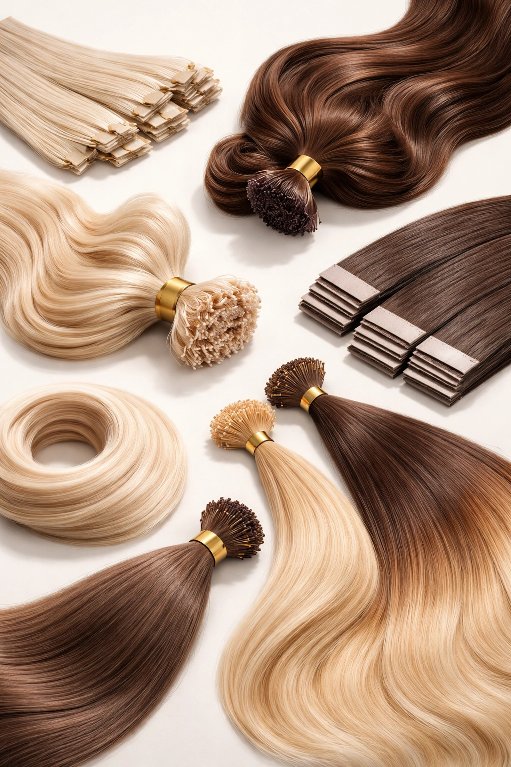Arrangement of different hair extension types showing synthetic and human-hair textures