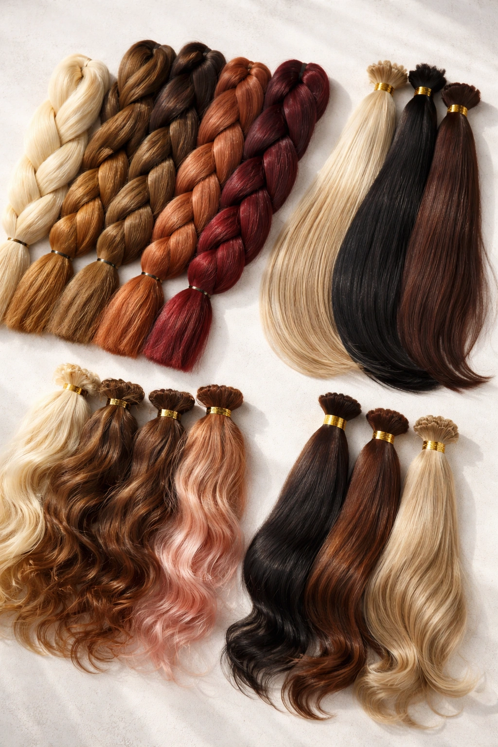 Flat lay of various hair extension fibers showing textures and colors