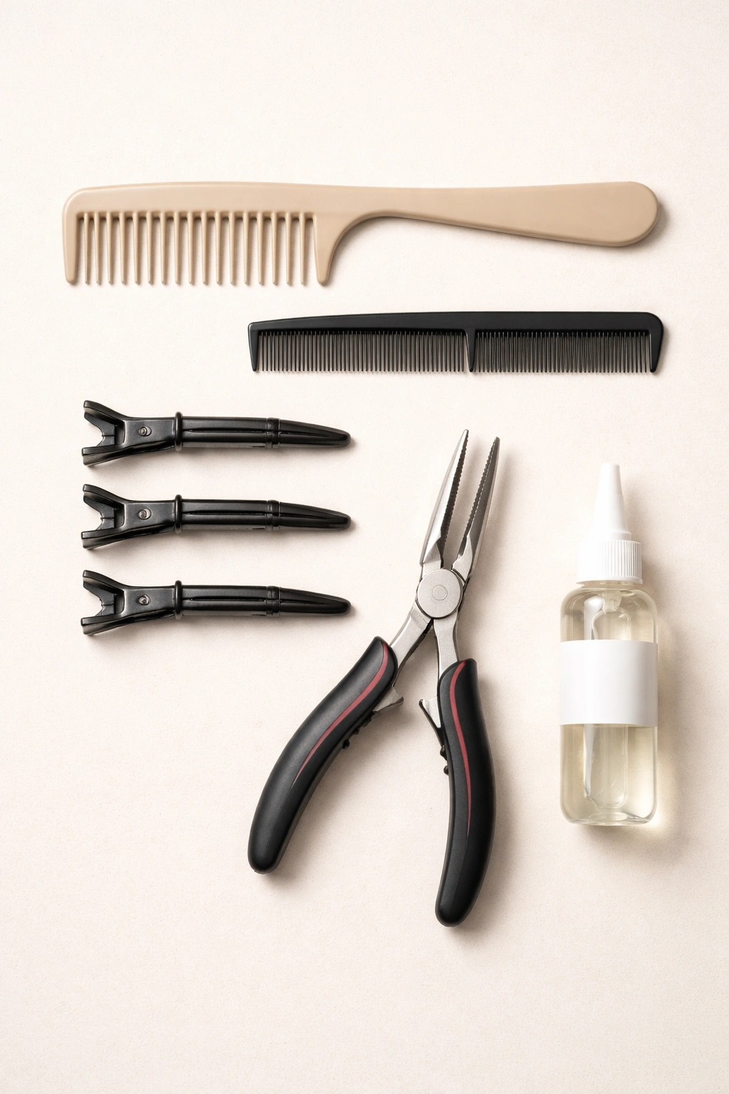 Flat lay of hair extension removal tools on a neutral surface.