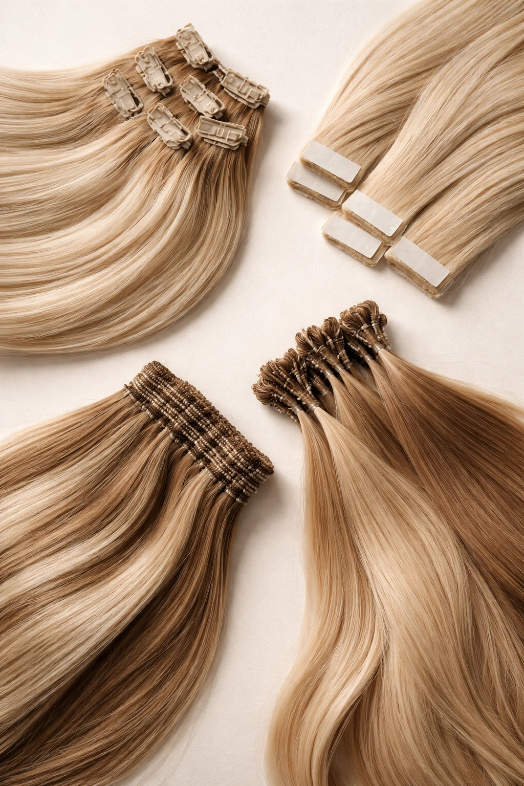 Flat lay of clip-in, tape-in, hand-tied, and keratin-bonded hair extensions on a neutral surface