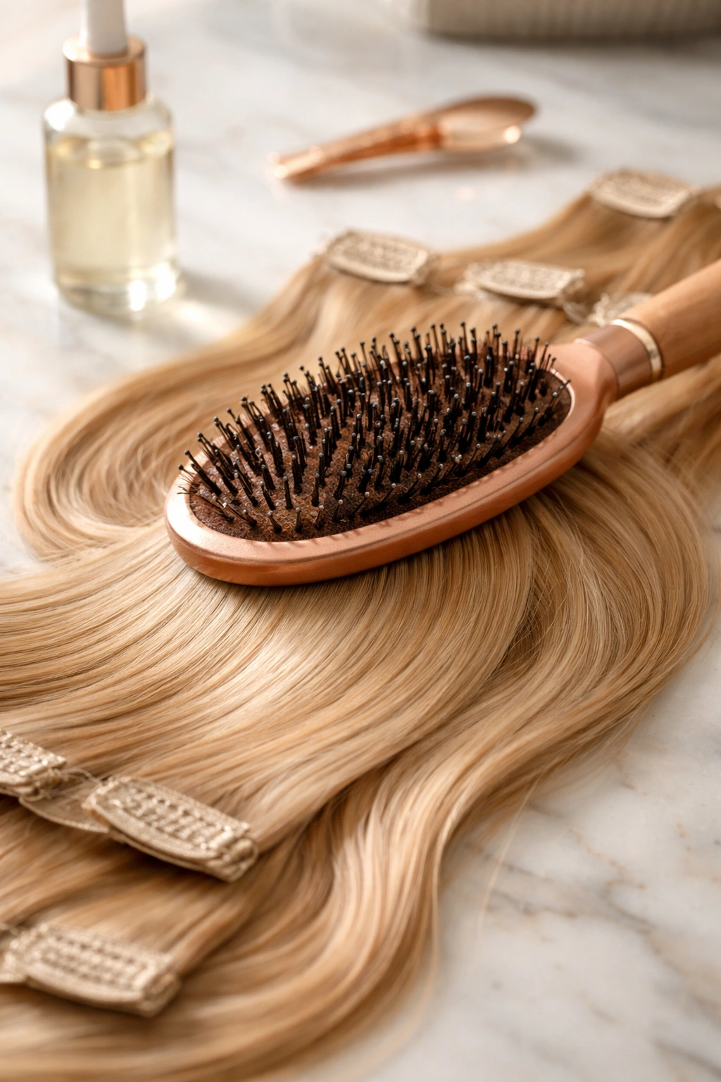 Close-up of brushing clip-in hair extensions with an extension-safe brush