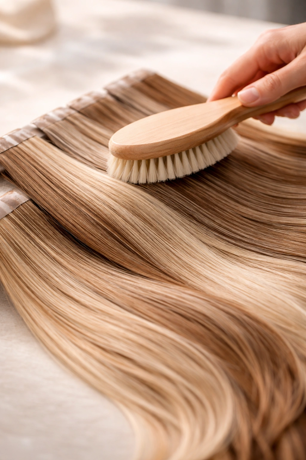Close-up of a brush brushing hair extensions to maximize longevity