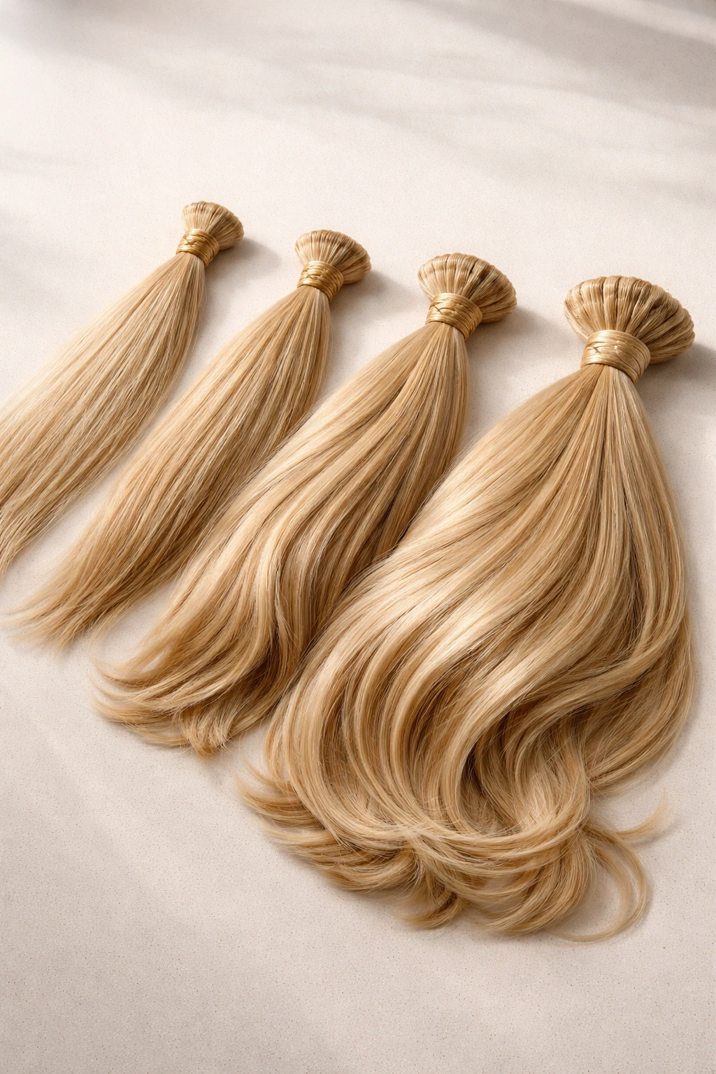 Assorted hair extension bundles laid out to imply cost differences