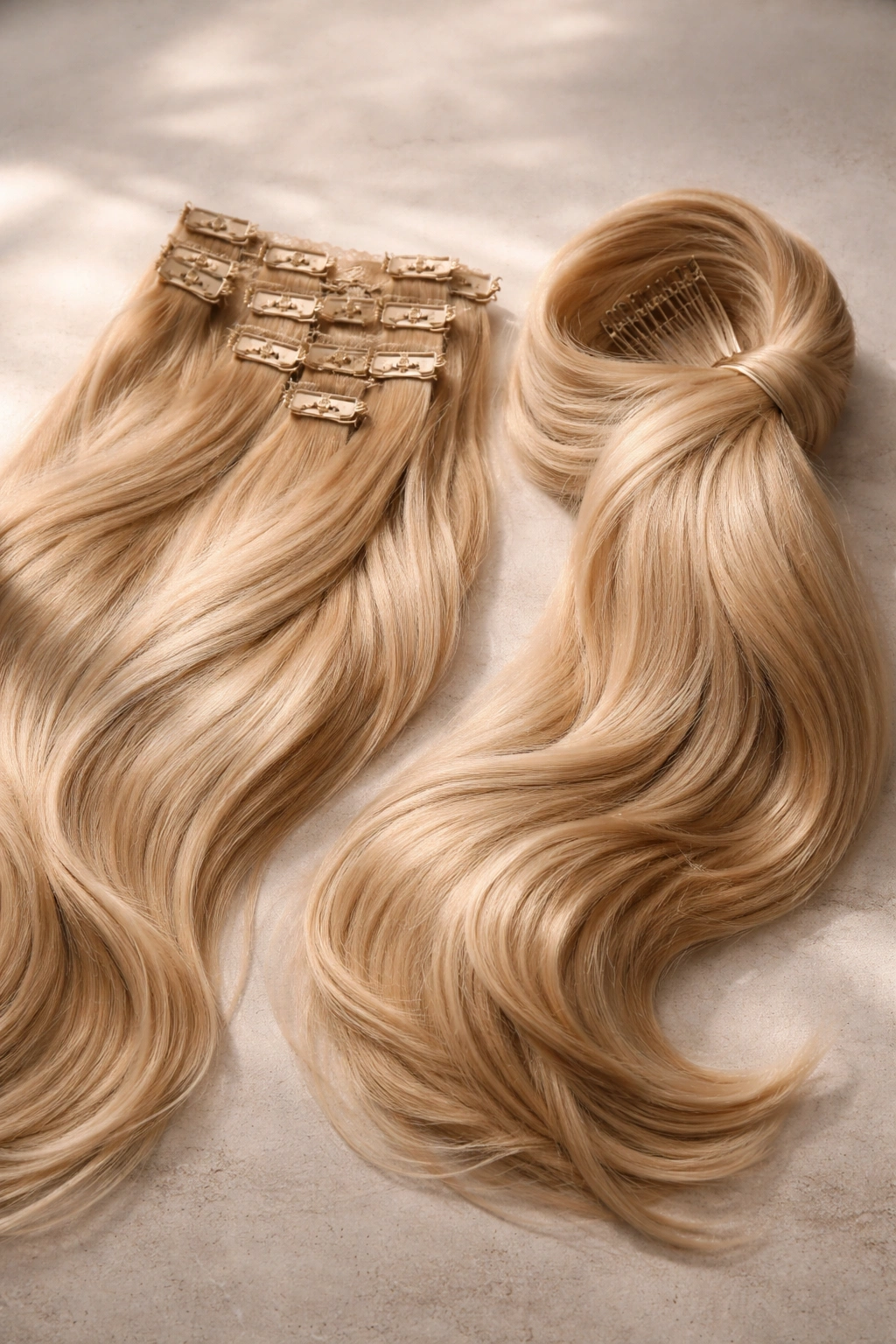 Close-up of clip-in extensions and a matching hairpiece on neutral background.