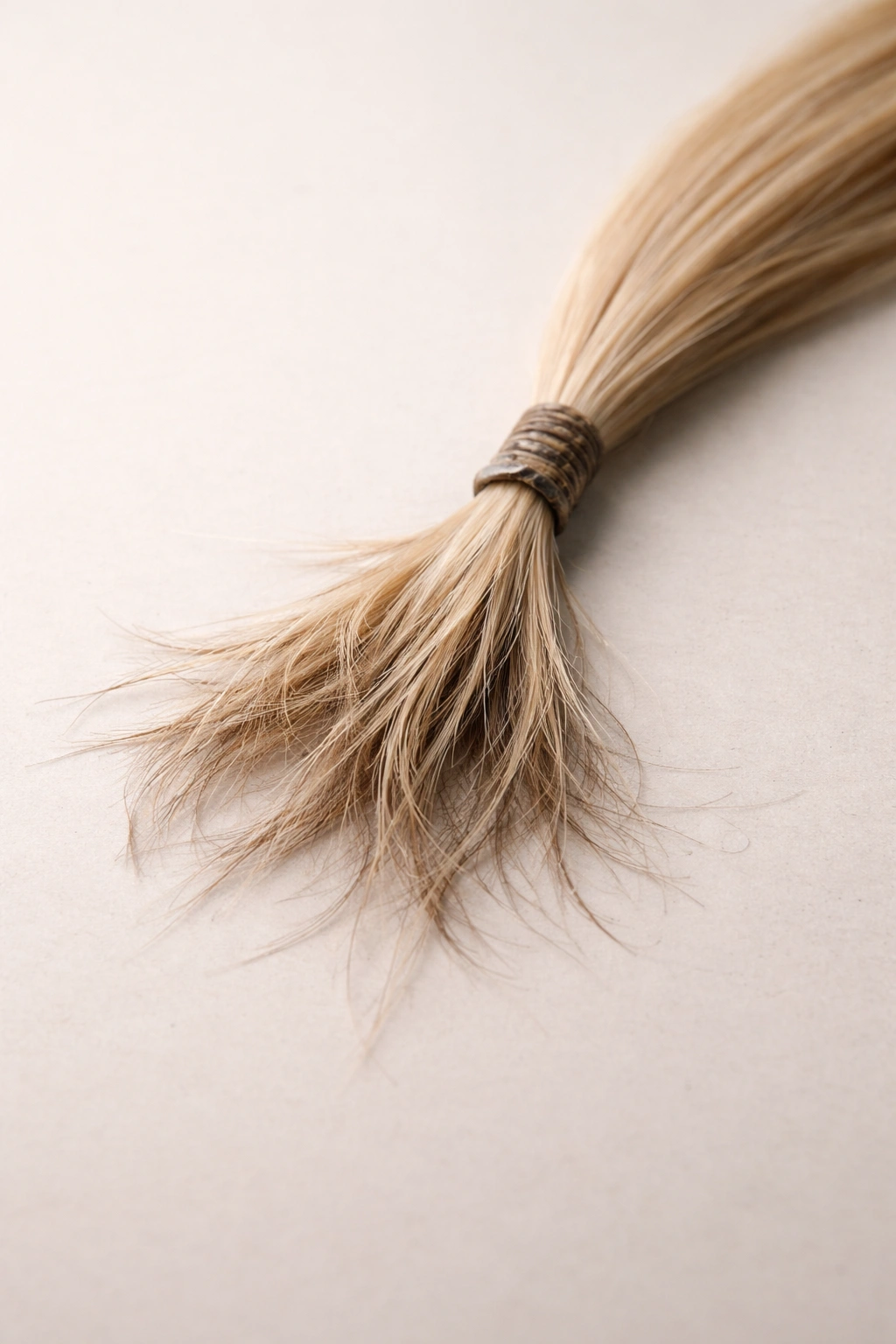 Hair extension strand with frayed ends on a plain background