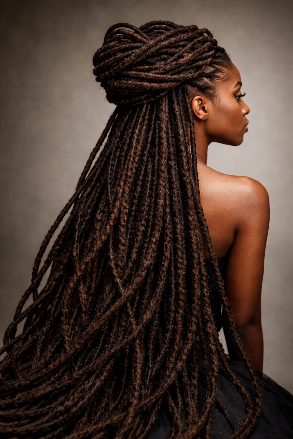 Extra-long locs draping with sculptural weight