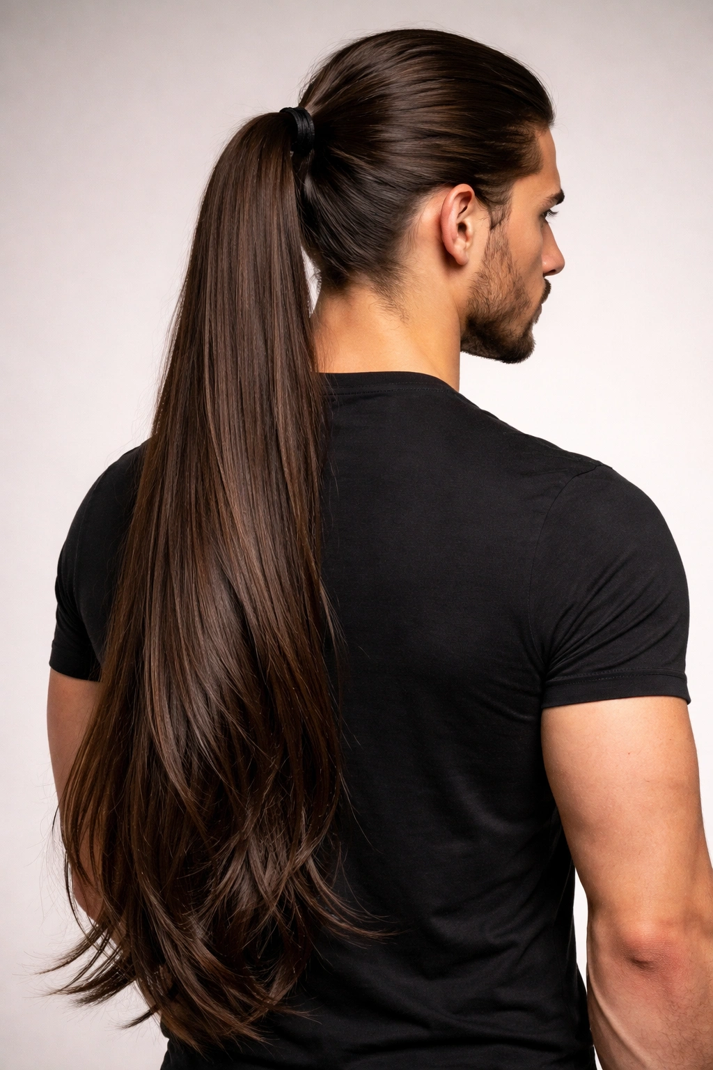 Back view of an extra-long ponytail extending past the shoulders with smooth texture