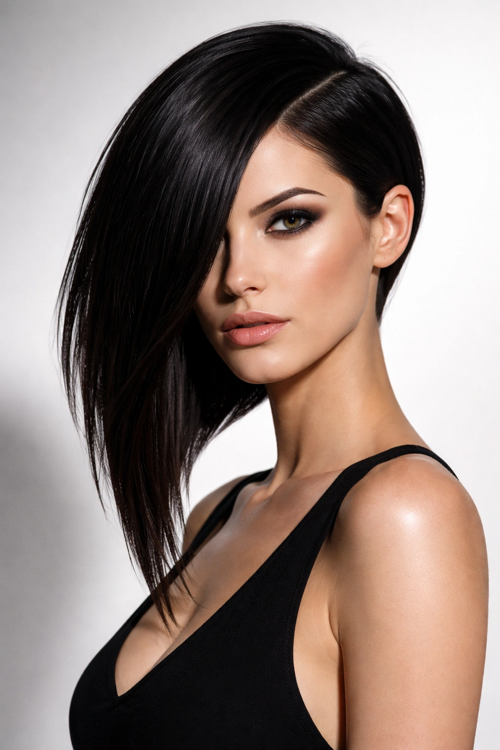 Portrait of extreme asymmetrical statement cut with bold silhouette