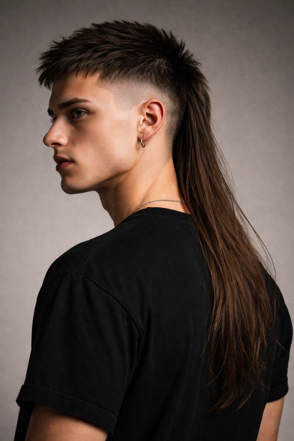 Portrait of extreme length difference mullet with short front and long back