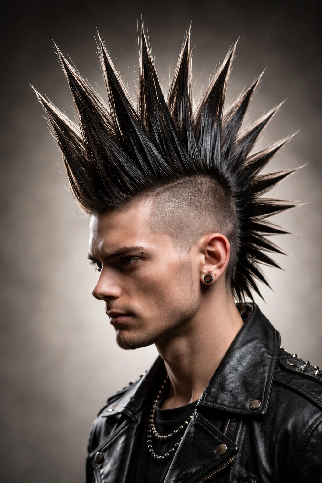 Close-up of extreme mohawk spikes on head with dramatic studio lighting