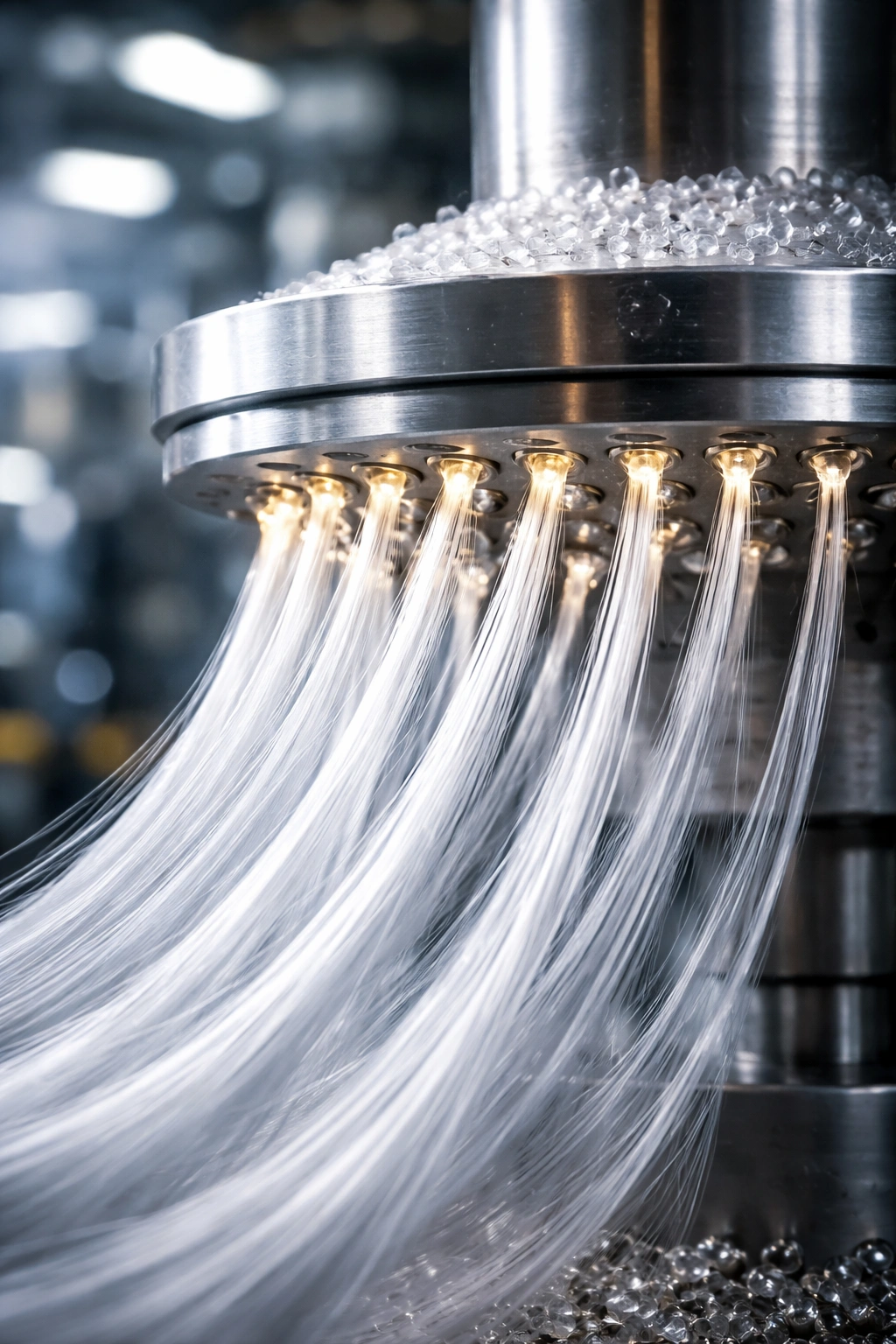 Spinneret extruding synthetic fiber filaments from molten polymer