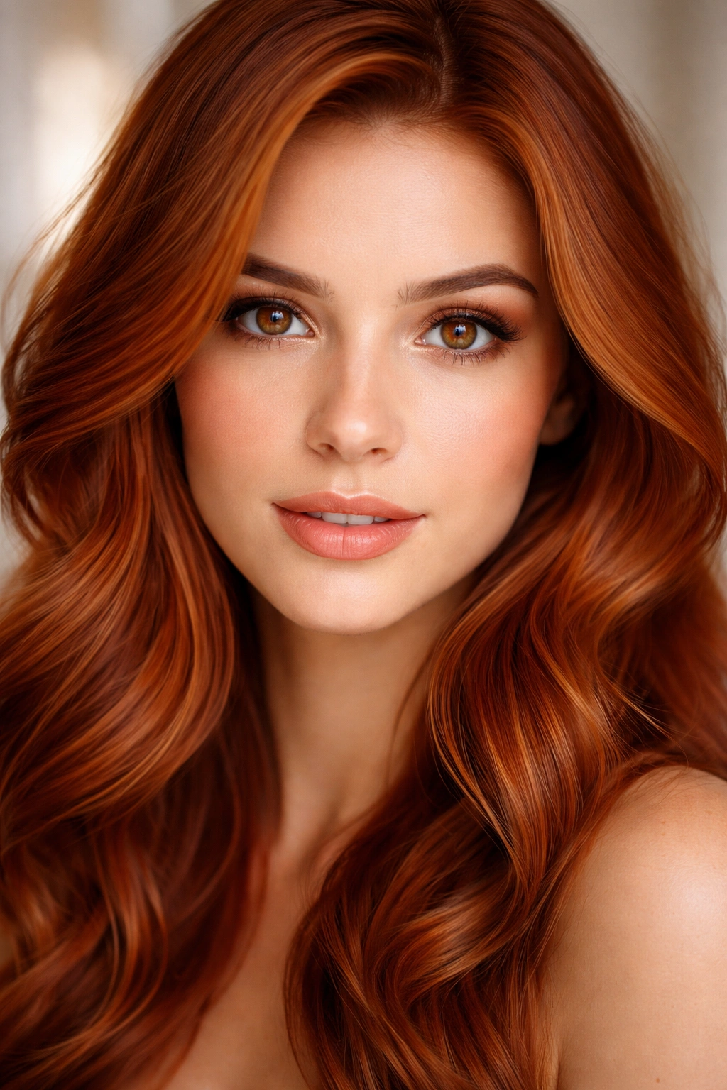 Close-up of a person with brown eyes and copper hair, showing eye color enhanced by hair shade