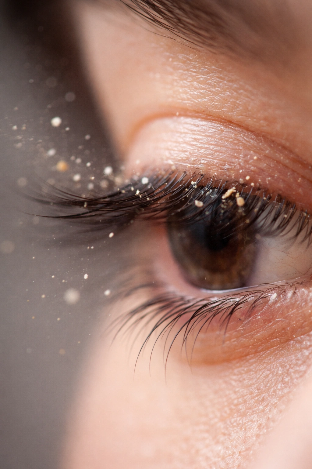 Macro of an eyelash catching dust particles illustrating filtration
