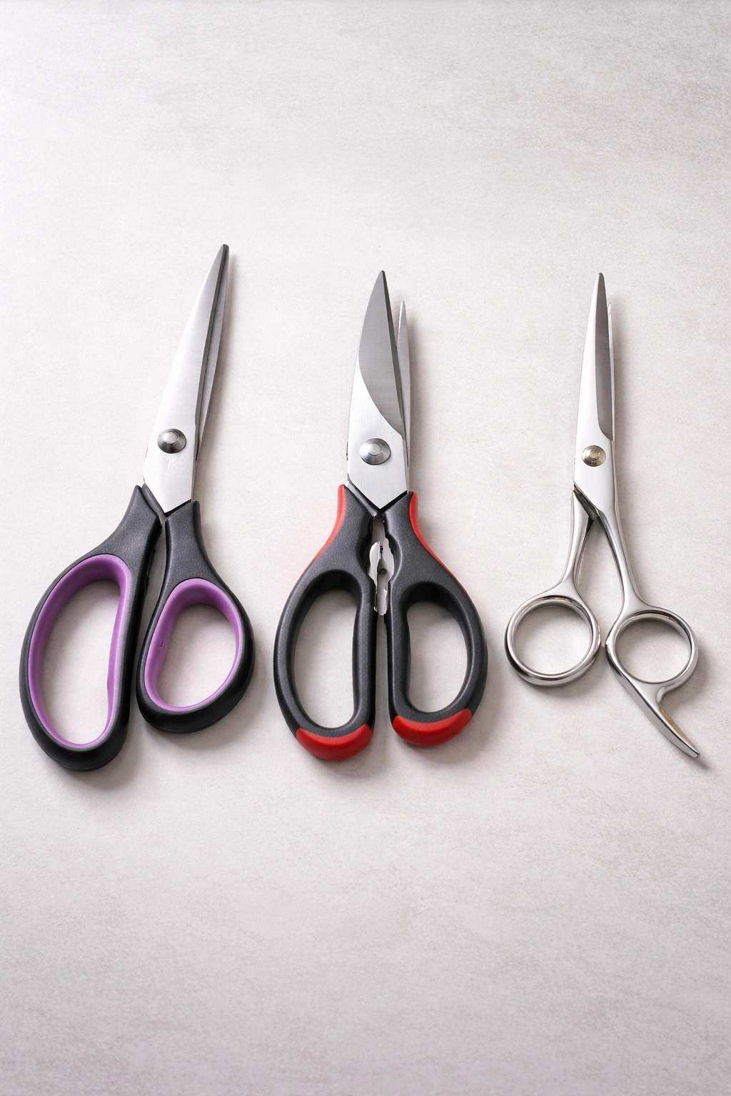 Three different types of scissors: fabric, kitchen, barber
