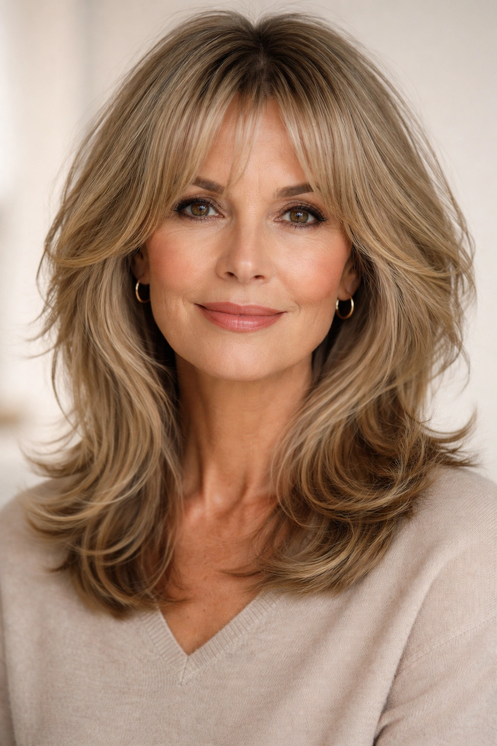 Mature woman with face-frame shag featuring short front pieces around the face