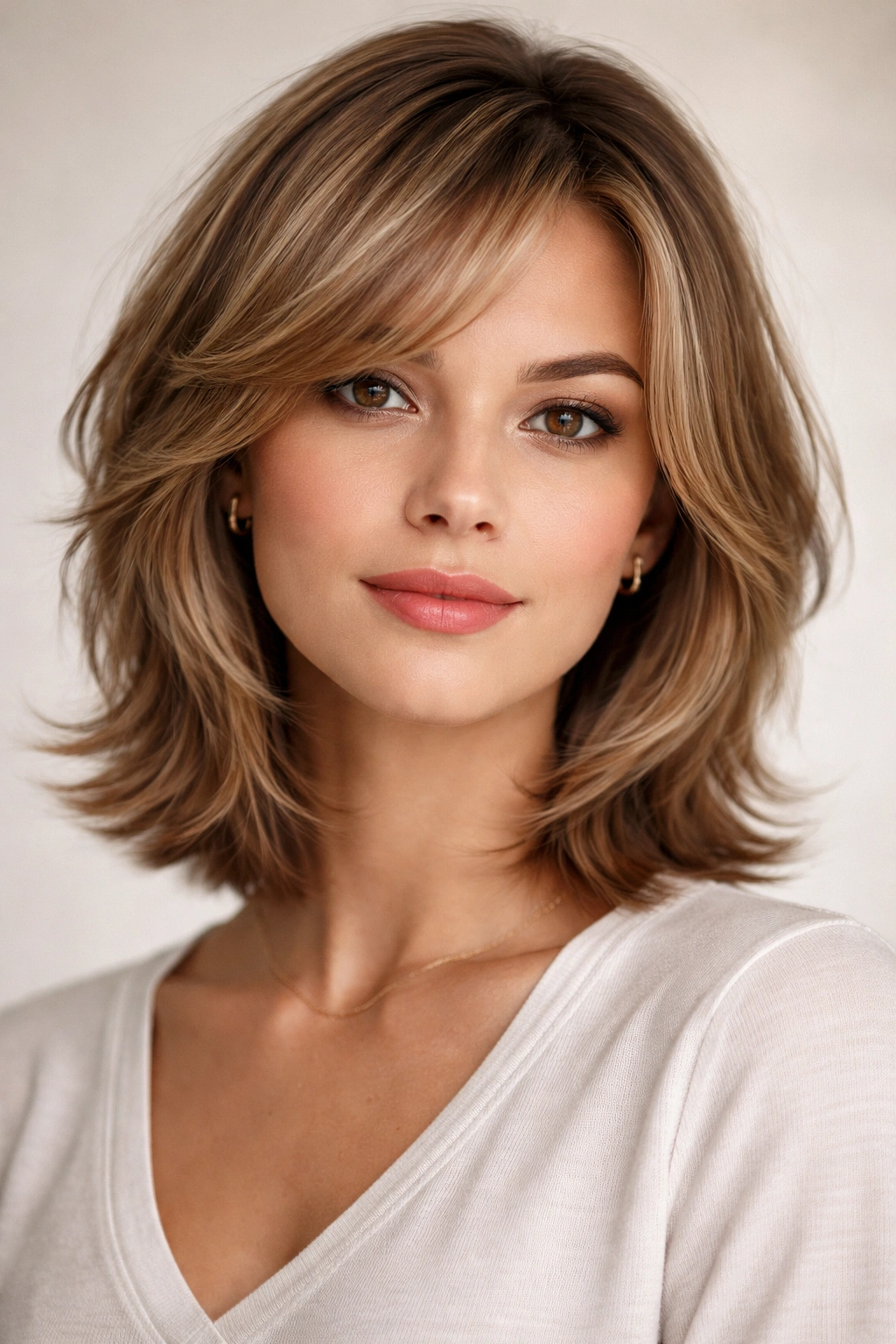 Face-framed feathered bob with shorter front layers and longer back.