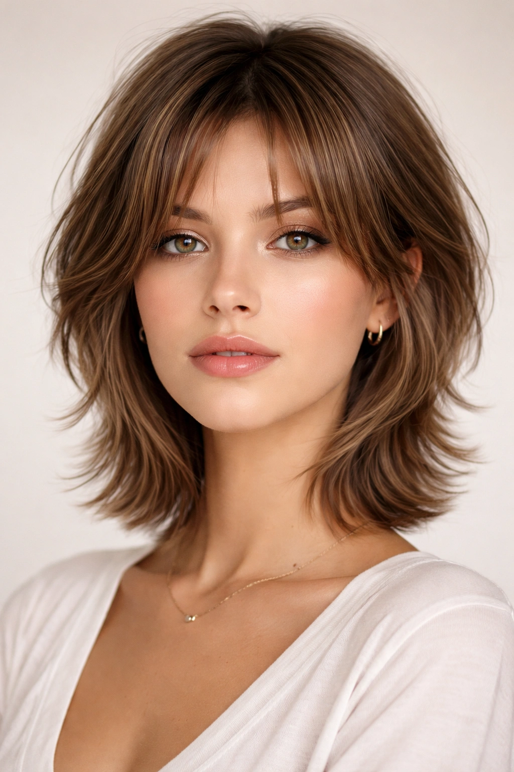 Model with face-framing baby cut featuring longer front layers and a short choppy back.